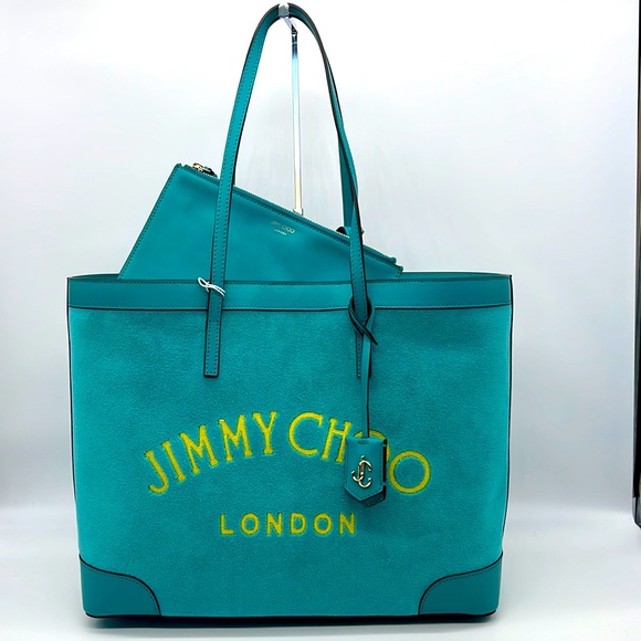 Jimmy Choo Handbags - JIMMY CHOO NEW Nine2Five E/W Towelling Fabric Logo Tote Bag Malibu Light Gold